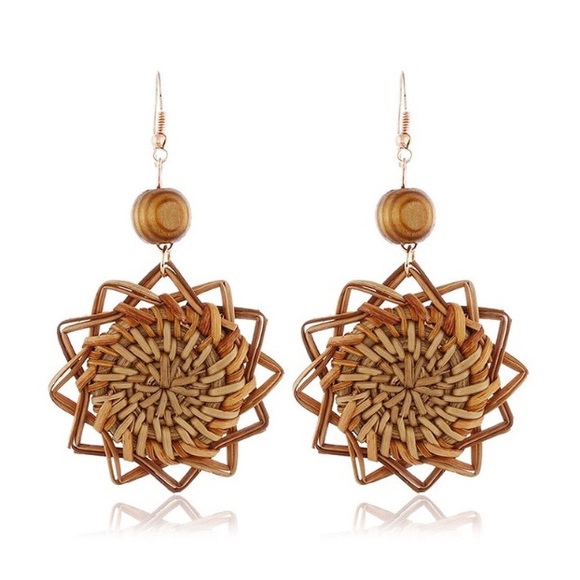 Jewelry - Wicker Rattan Wood Bead Geometric Drop Earrings